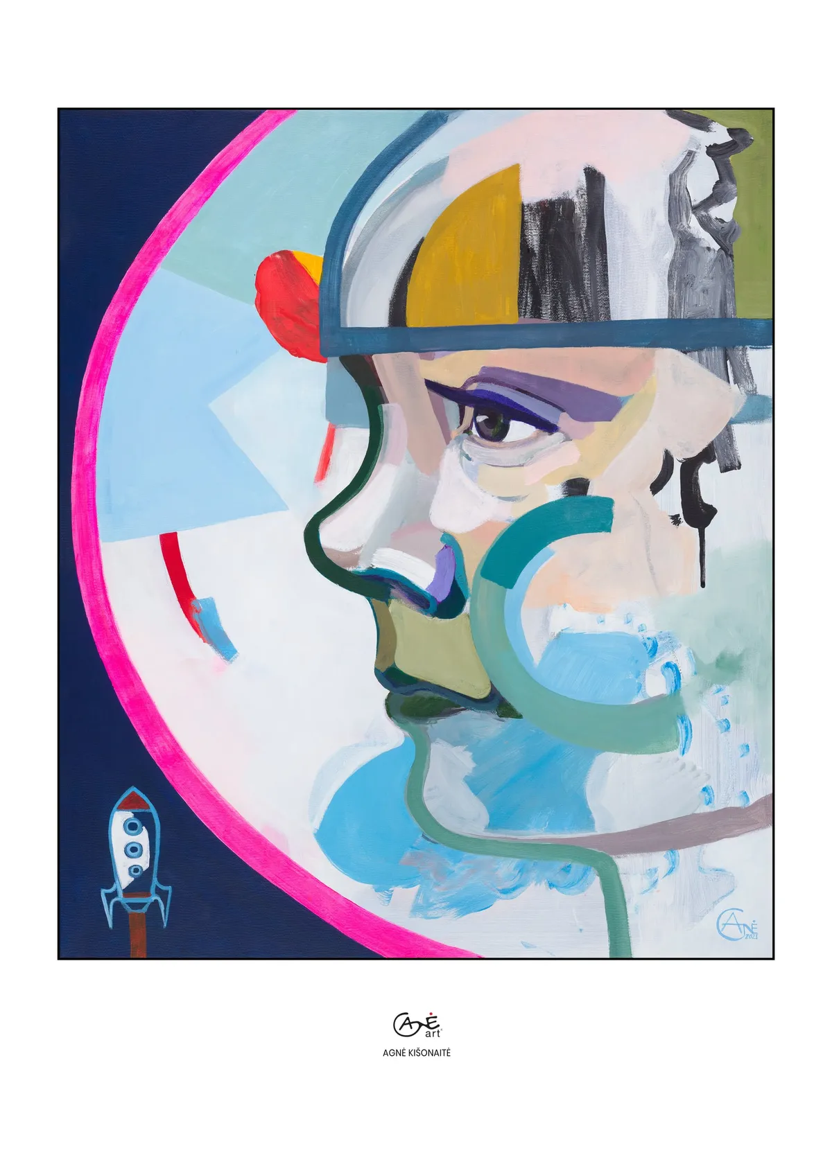 Fine art print of "Boy with a Spacesuit and the Rocket" by Agne Kisonaite, in a wood frame
