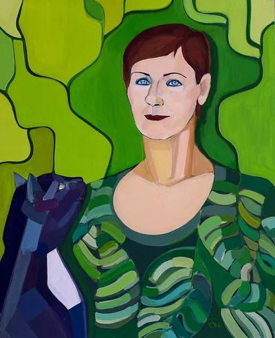 Portrait of my Mom with a cat — contemporary portrait by Agne Kisonaite