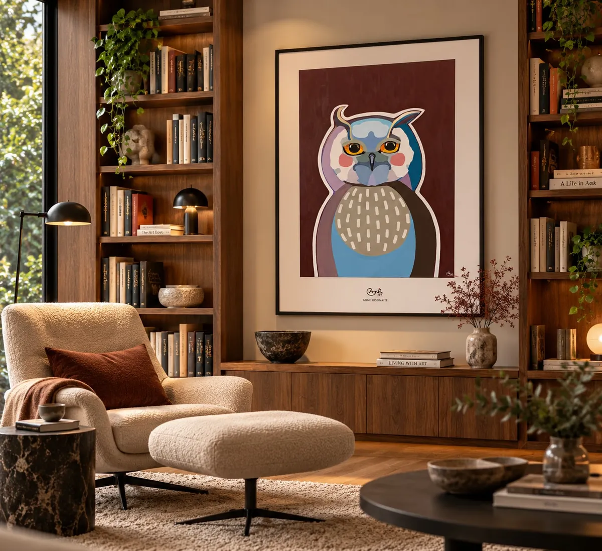 Owl — in a room
