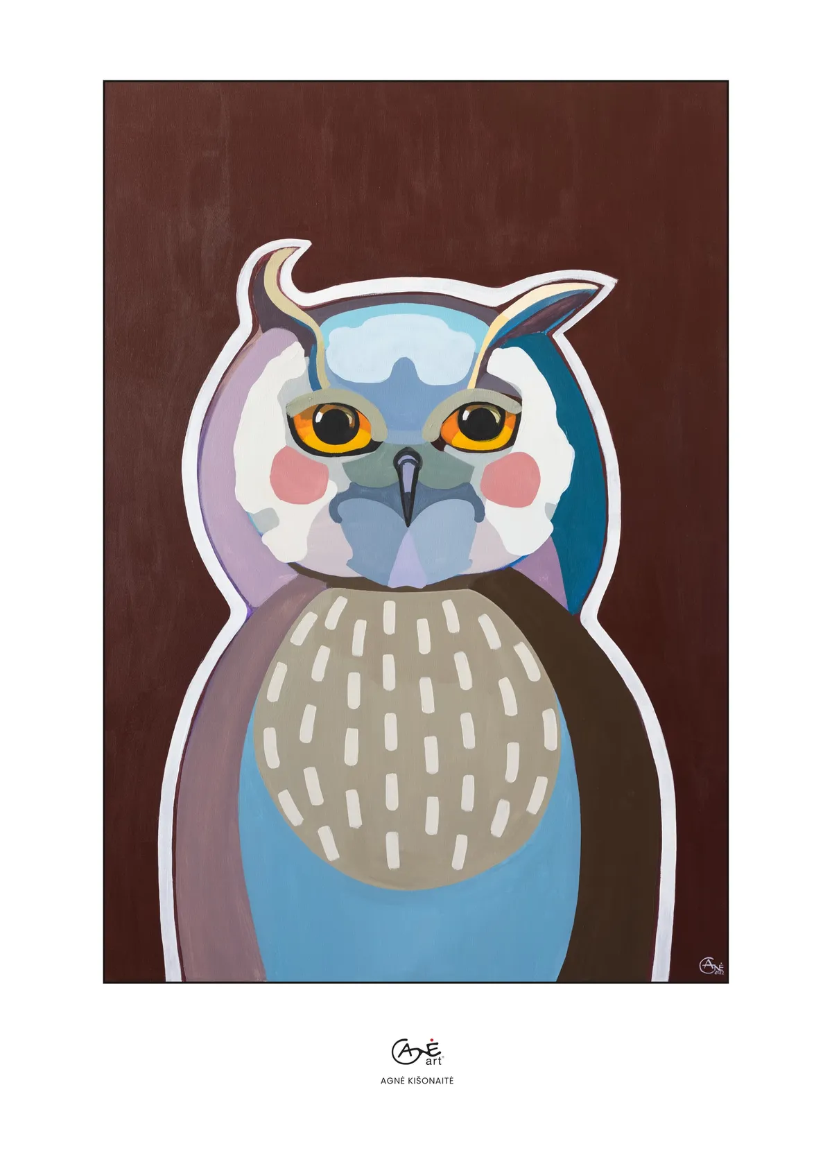 Fine art print of "Owl" by Agne Kisonaite, in a wood frame
