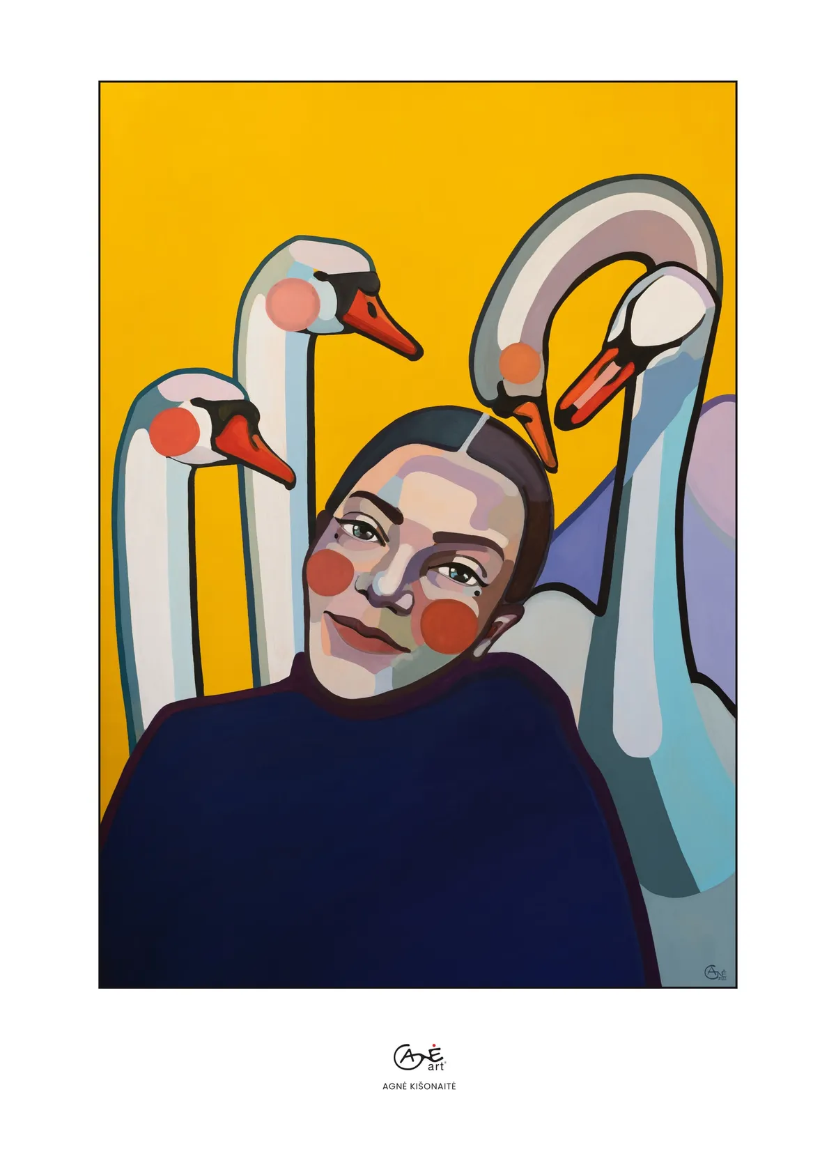 Fine art print of "Swans" by Agne Kisonaite, in a wood frame
