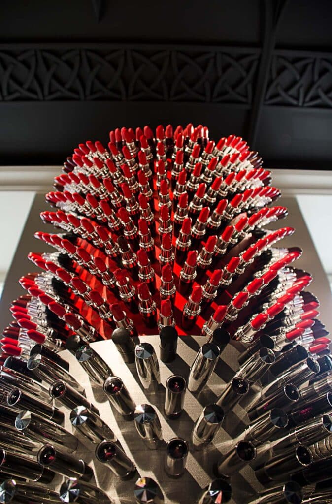 Close-up of Agne Kišonaitė’s Giant Lipstick sculpture made from recycled lipstick tubes.