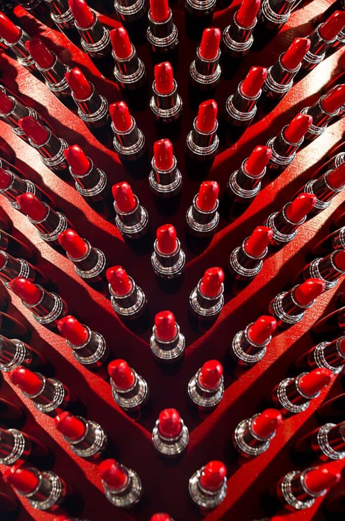 Detailed macro of used lipstick tubes arranged in the Giant Lipstick art object.