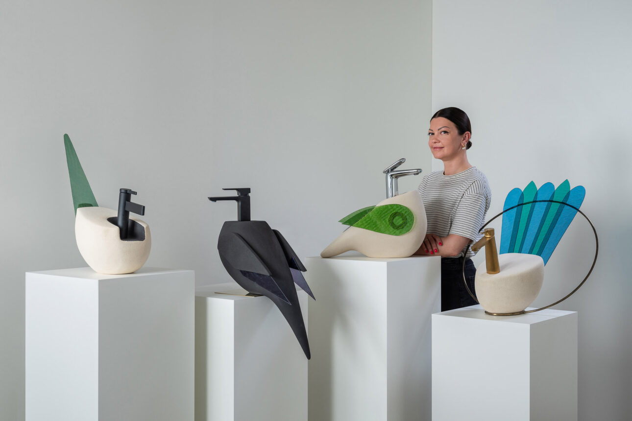 Ceramic Birds Sculptures with Integrated Bathroom Taps. Artist: Agne Kisonaite.