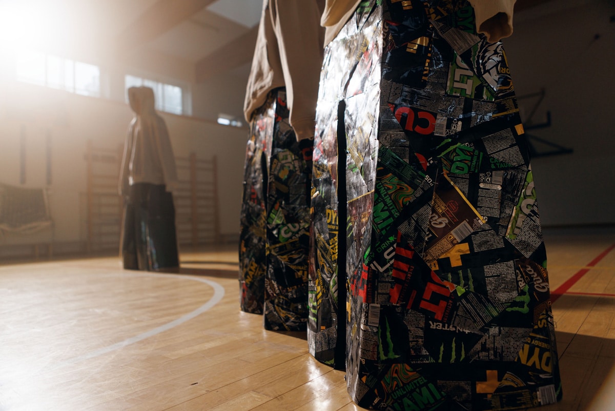Close-up of recycled metal panels forming part of the hooded figures in the Adolescence art installation by Agne Kisonaite
