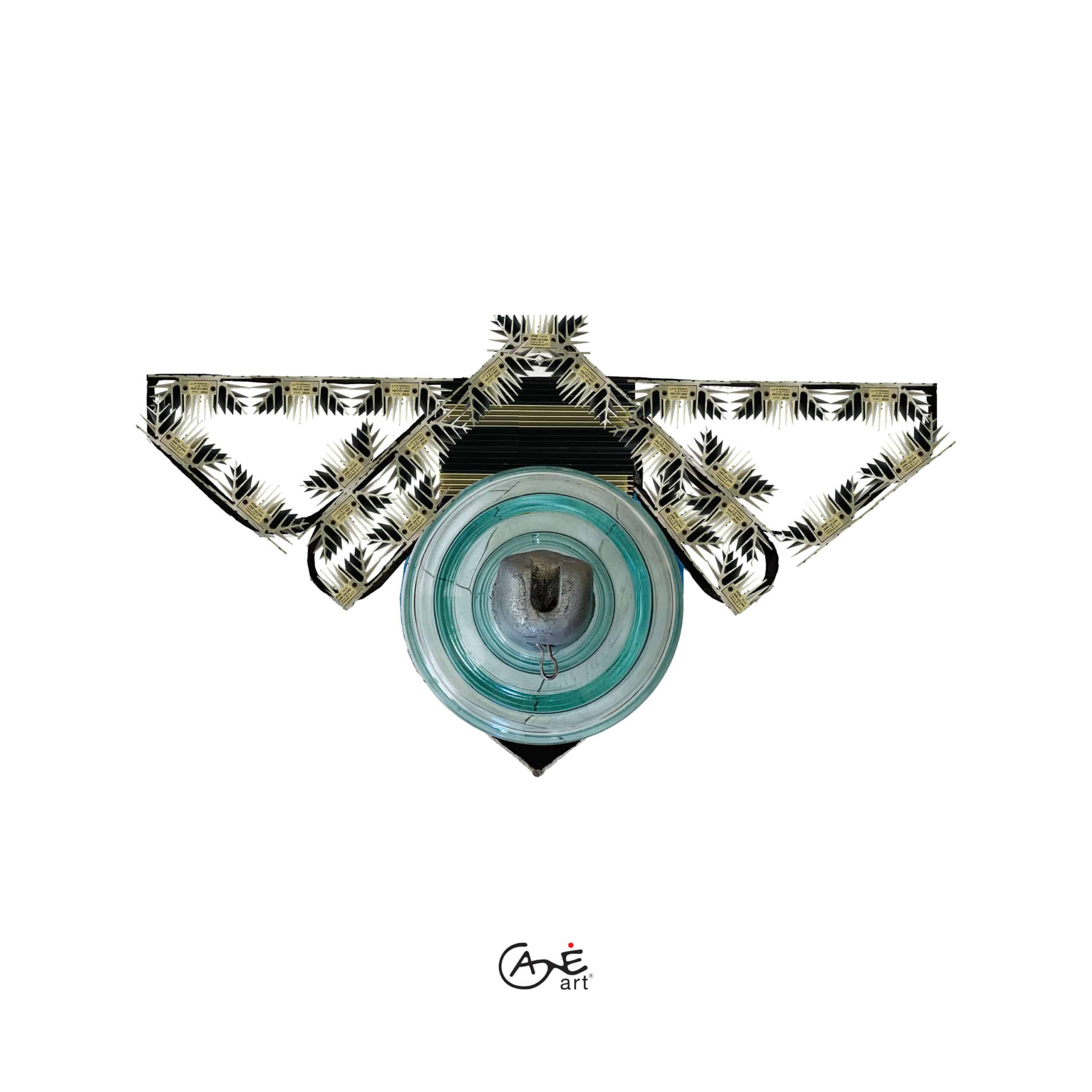 The final, fully assembled bee sculpture for the Honeycomb installation, crafted from a green glass insulator for the body and intricate metal heatsinks for the wings.